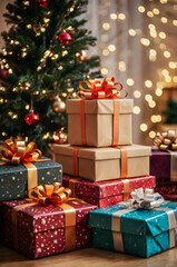 Gifts and presents under the Christmas tree. Boxing day. Vertical festive background
