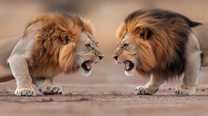 Two male lions face each other in an intense standoff, baring their teeth and displaying their majestic manes in a dry, open landscape.