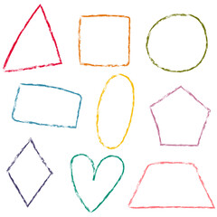 Set of geometric shapes hand drawn with chalk.Hand drawn doodles, geometric shapes  written in color chalk