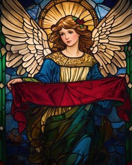 Fototapeta premium Glasmosaik-Engel mit Heiligenschein und rotem Band in Kirchenfenster