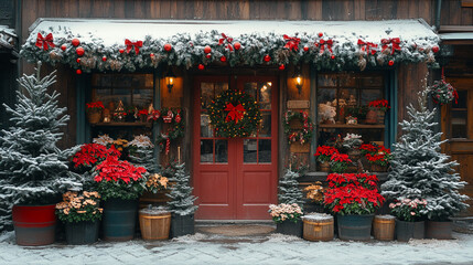 Christmas trees and decoration in front of the shop
