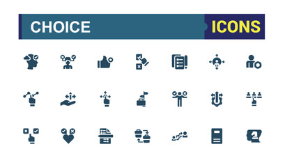 Set of Choice solid icons. Contains related to concept, count, favorite, check, political, ballot, decision, buttons. Minimal filled icons. Vector illustration.