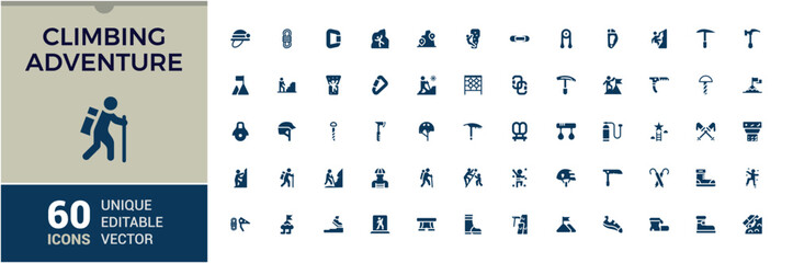 Climbing icons set in solid style. Featuring tourism, climber, climbing, adventure, hiking and more. Set of solid pictogram. Vector filled icons Collection.