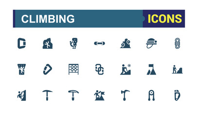 Climbing filled icon collection. Includes flat solid adventure, hiking, climber, tourism, climbing, outdoors, . Minimalistic web and UI icons. Vector illustration.