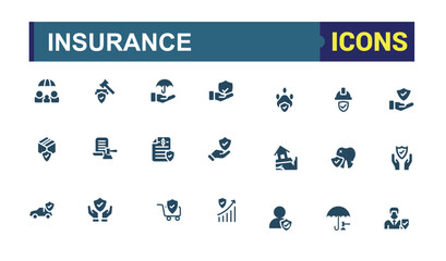 Insurance solid icons set. Related to assurance, home, business, protect, health, disability, deposit, property. Filled symbol collection. Vector illustration.