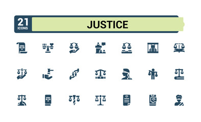 Set of Justice solid icons. Contains such icons as book, right, trial, case, document, judge and more. Minimalist flat filled icon.