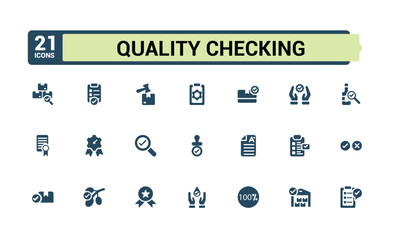 Quality Control solid icons set. Containing verify, specification, emploee, social, control, production and more. Set of filled pictogram. Vector illustration.