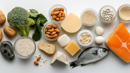 Assortment of foods rich in calcium and vitamin D including almonds, cheese, fish, broccoli, nuts, quinoa, and spinach arranged on a white surface.