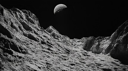 A black and white photo of a moon in the sky