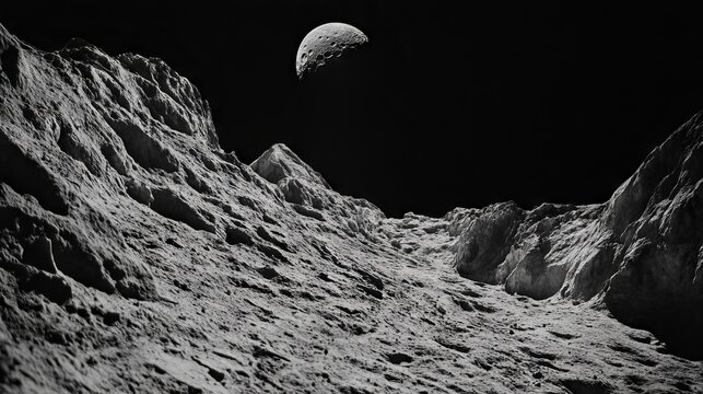 A black and white photo of a moon in the sky