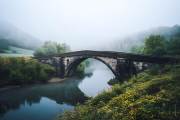 Fototapeta premium a fog-covered bridge over a river, with the water reflecting the misty environment, adding depth and atmosphere to the scene.