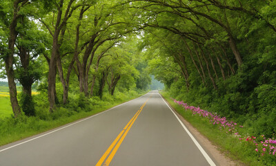 Fototapeta premium 시골길 도로옆에 꽃과 나무가 예쁘다 쾌적한도로