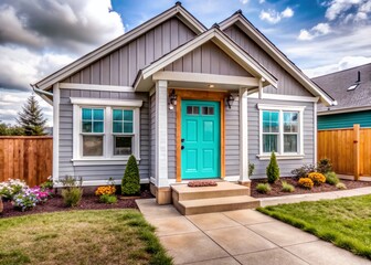 Naklejka premium Modern Gray Cottage Home with Teal Door and Hardy Board Siding - Perfect Curb Appeal