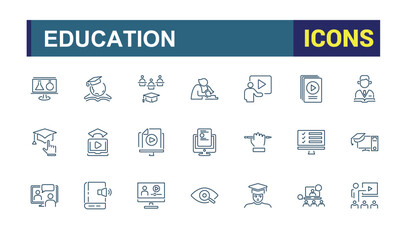 Back To School vector line icon set. Featuring school, student, knowledge, e-book, learning, back, academy, bag. Thin linear style icons. Editable vector illustration.