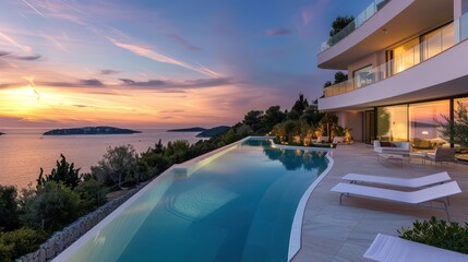 Fototapeta premium Luxury Villa with Infinity Pool overlooking the Sunset Sea
