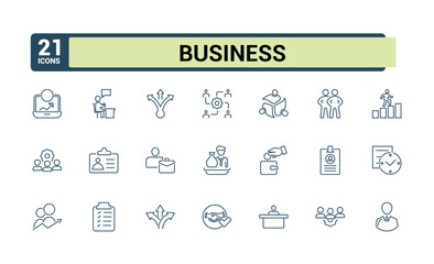 Set of Business and Consulting line icons. Containing office, team, presentation, sign, set, line and more. Minimalist thin linear icon. Editable stroke.