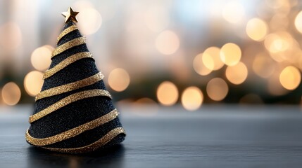Obraz premium A black-and-gold Christmas tree atop a wooden table, framed by a softly blurred backdrop of twinkling holiday lights