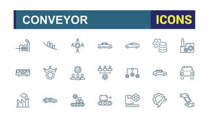 Set of Conveyor Factory line icons. Includes icons for business, technology, equipment, computer, manufacture, machine, machinery, engineering. Minimal linear icons. Editable stroke.