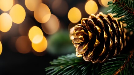  A tight shot of a pinecone on a Christmas tree against a backdrop of a basketful of twinkling lights