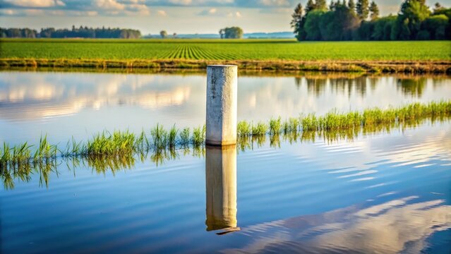water reflection of a farming pillar mark with shallow depth of field