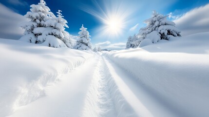 Obraz premium A snow-covered road flanks by trees on either side, under a bright sun in the mid-sky background