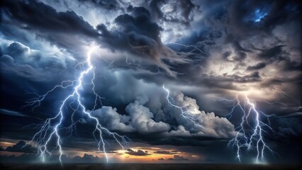 Dark grey and black storm clouds cover a vast expanse of the sky with flashes of lightning, dramatic, ominous, cloud, black