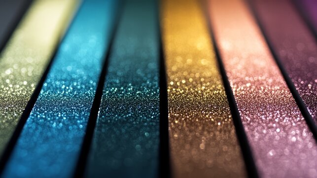  A tight shot of a vibrant, multi-colored line of glittering material against a softly blurred backdrop