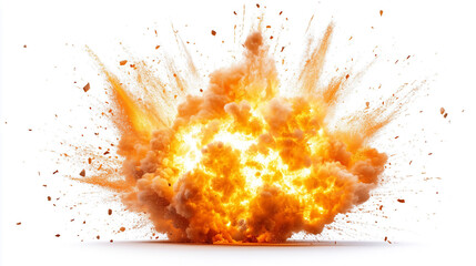 Fiery orange explosion with intense flames and billowing smoke clouds, isolated on white background.
