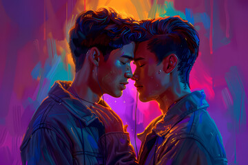 Two young men share an intimate moment, surrounded by vibrant colors, blending emotions in a beautifully surreal setting.