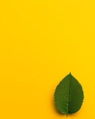 Fresh green leaf on vibrant yellow background