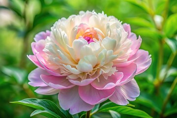 Wide-angle delicate white and pink peony with green leaves
