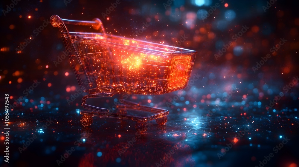 Poster futuristic and fantastical image of a shiny,glowing e-commerce shopping cart emitting sparks of fier