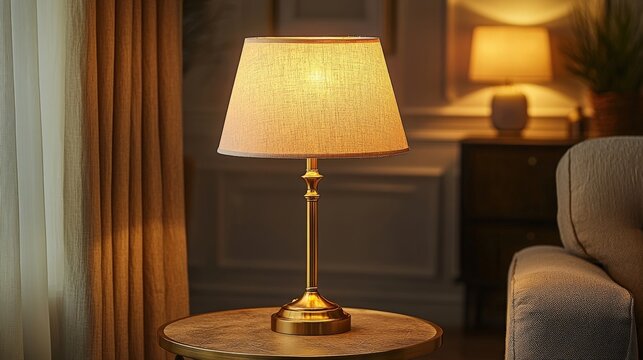 Cozy living room with a warm lamp illuminating a side table in the evening glow