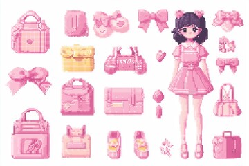 A pixel art character in a pink dress surrounded by various pink accessories and bags showcasing a cute pastel aesthetic