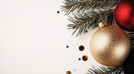  A tight shot of a Christmas ornament against a white backdrop, accompanied by a pine branch adorned with gold and red decorations