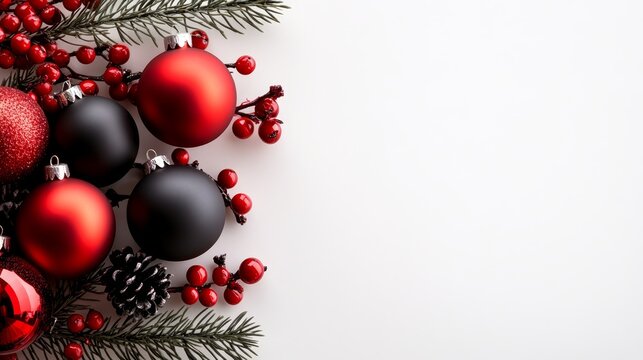  A white backdrop adorned with red and black ornaments; pine branch and its accouterments of berries and pine cones atop