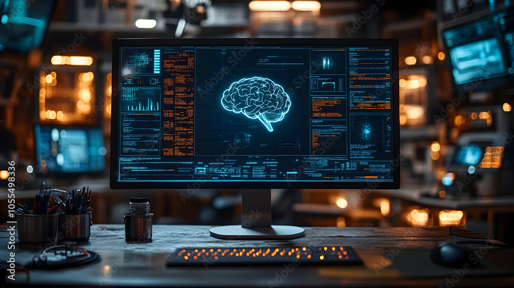 Aufkleber Futuristic digital brain data analytics dashboard displayed on a computer monitor. Advanced intelligence,machine learning,and neuroscience technology concepts.