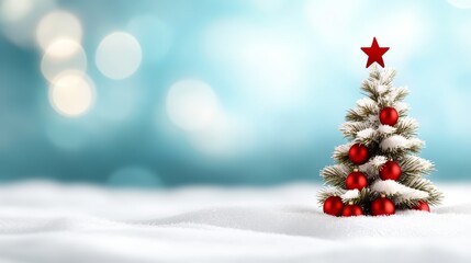 Obraz premium A red-ornamented Christmas tree, small in size, sits atop a snow-covered landscape, its peak crowned by a radiant star