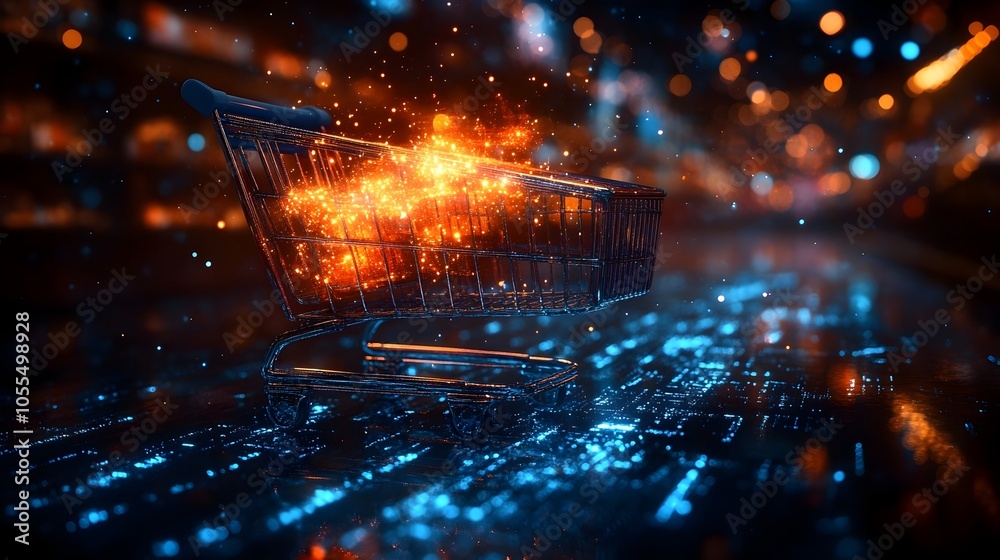 Aufkleber futuristic digital shopping cart with glowing abstract background,representing the concept of e-comm