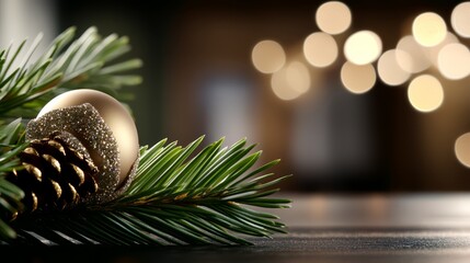  A pine cone atop a table, next to another adorned with a Christmas ornament