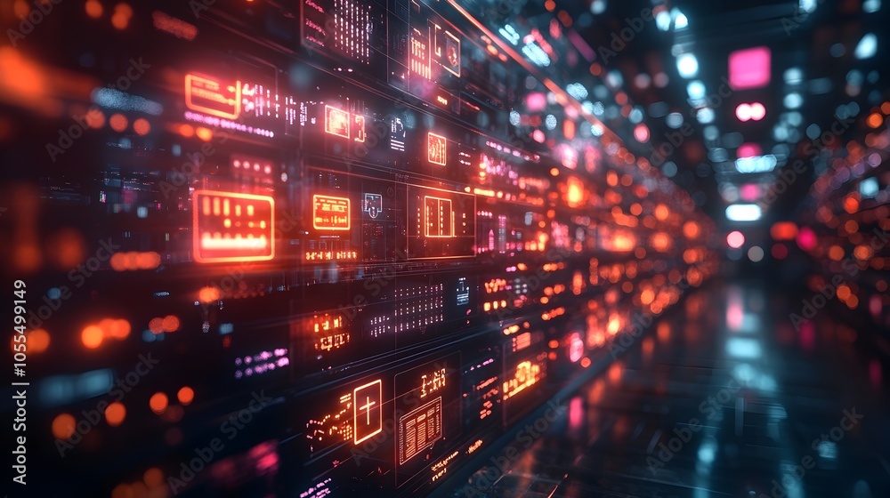 Leinwandbilder Futuristic glowing neon sci-fi digital tech abstract background with geometric patterns,illuminated lights,and a intelligence inspired design. The image has a vibrant,colorful.