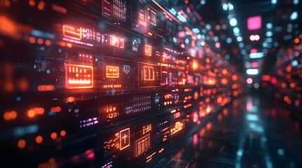 Obraz premium Futuristic glowing neon sci-fi digital tech abstract background with geometric patterns,illuminated lights,and a intelligence inspired design. The image has a vibrant,colorful.