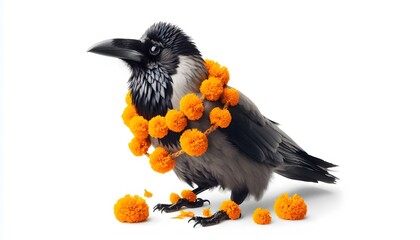 Create an image of Kag Tihar in Nepal.a family offers food to crows in a flower-decorated courtyard, crows gathering around.