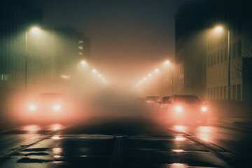 soft glow of streetlights and car headlights through a thick layer of fog, creating a moody, cinematic nighttime scene.