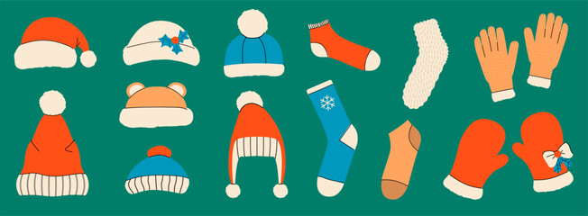 Winter clothes. Santa stocking cap. Knitted hat, Christmas sock, Mitten.