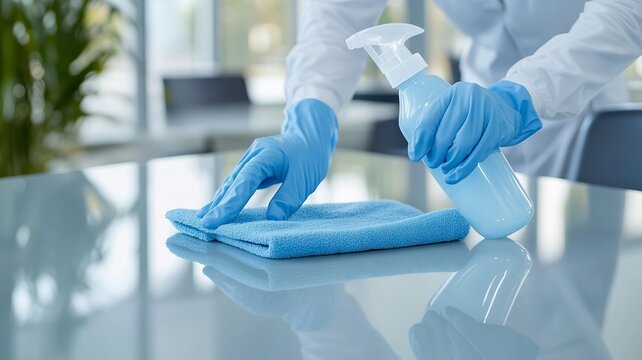 Cleaning staff disinfecting glass table with microfiber cloth and disinfectant spray