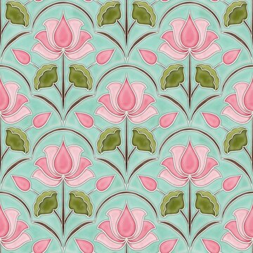 A seamless pattern with pichwai style lotus arranged in a tile-style repeat on a turquoise background. It can be used for printing on various surfaces like textiles and paper or  digital work as well.