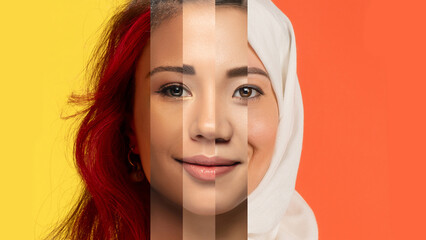 Collage made of female faces of different ethnicities and cultural expressions. Beauty in diversity and inclusivity. Concept of social equality, human rights, freedom, diversity, acceptance