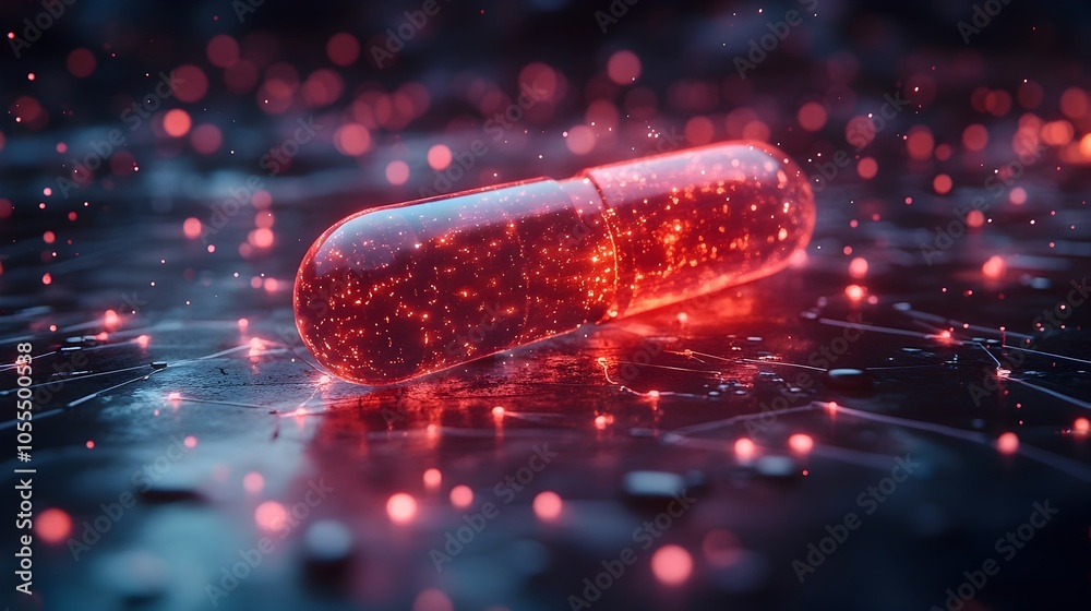 Poster glowing and luminous futuristic capsule or pill radiating bright neon light,surrounded by dazzling s