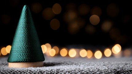  A small green Christmas tree sits atop a gray blanket Behind it, a pile of Christmas lights rests in the background